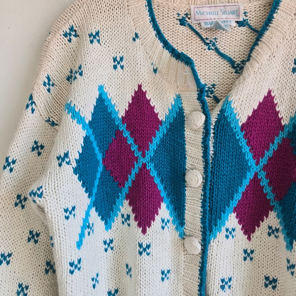 Michelle Stuart Medium Cardigan Womens White Argyle Excellent Hand Knit‎ Ramie - Picture 3 of 7